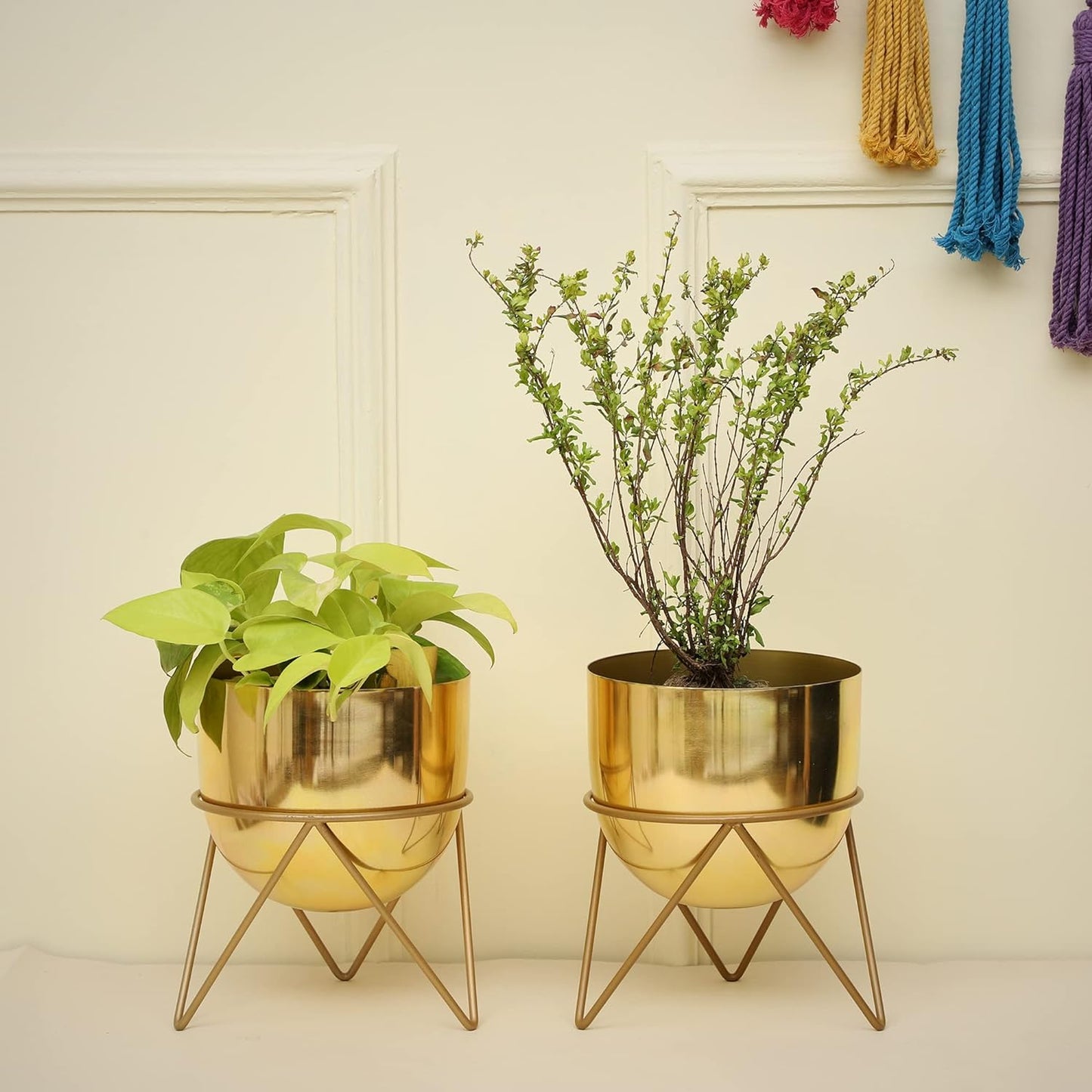 Premium Gold Pot Metal Planters with Stand | Pack of 2