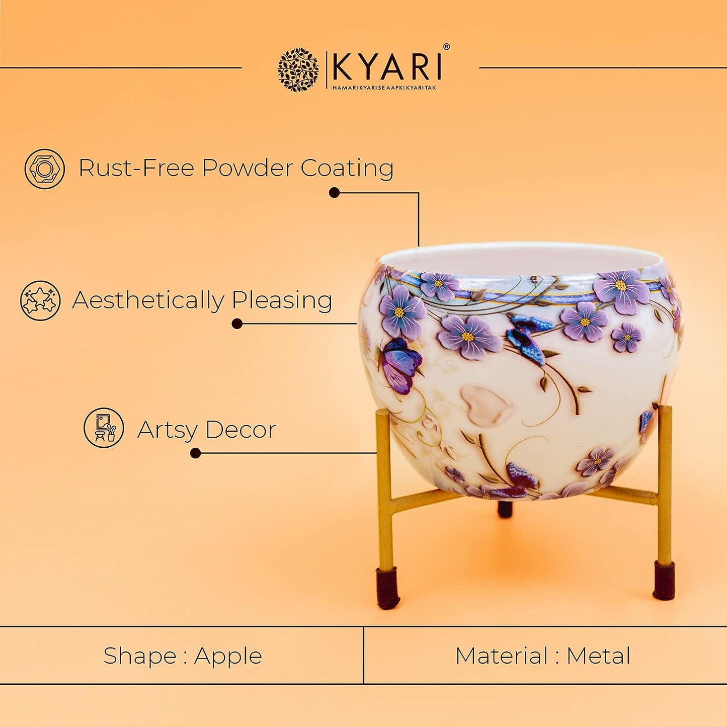 White & Blue Floral Metal Pot with Stand, Rust-Free Powder Coating