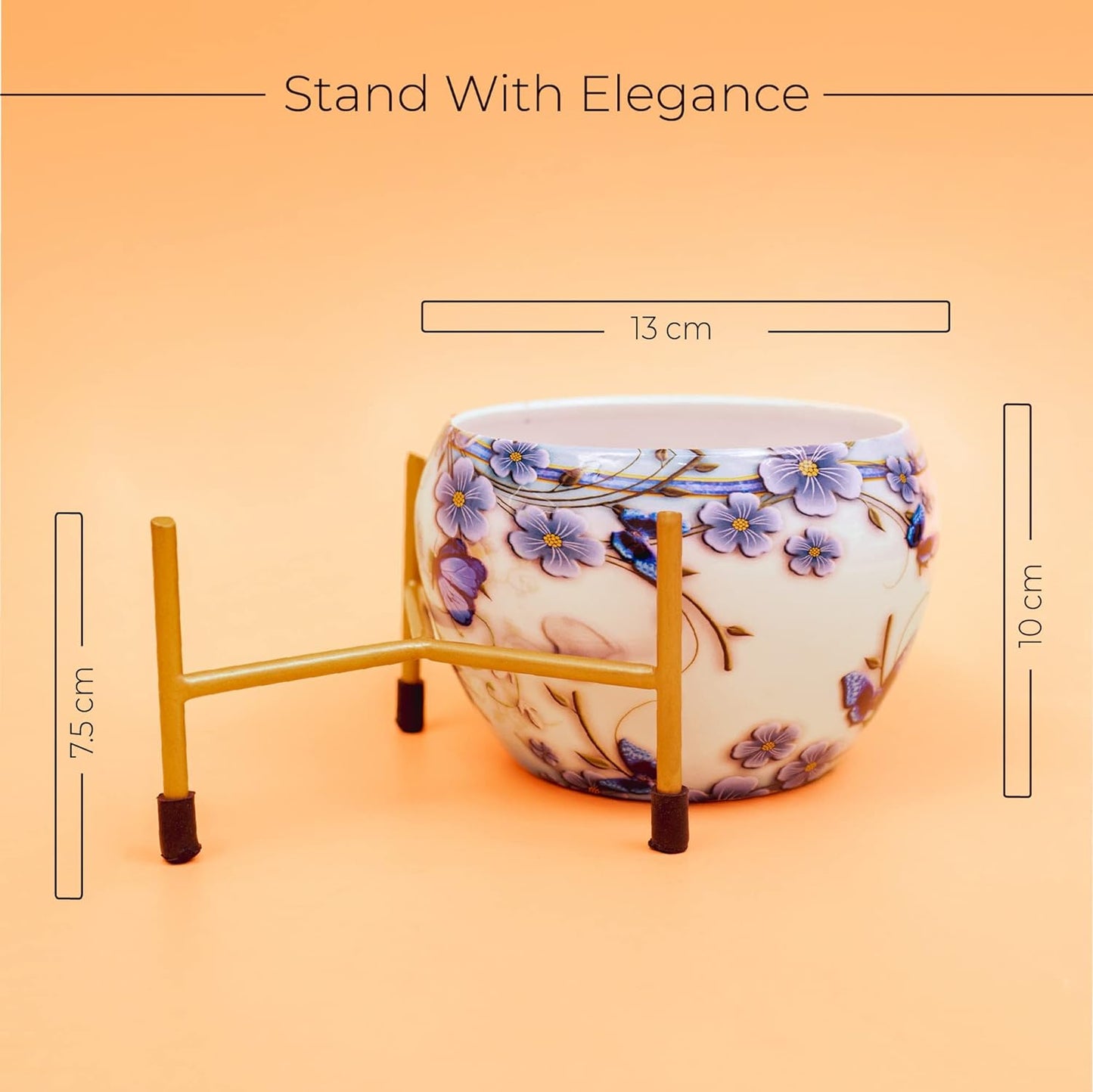 White & Blue Floral Metal Pot with Stand, Rust-Free Powder Coating