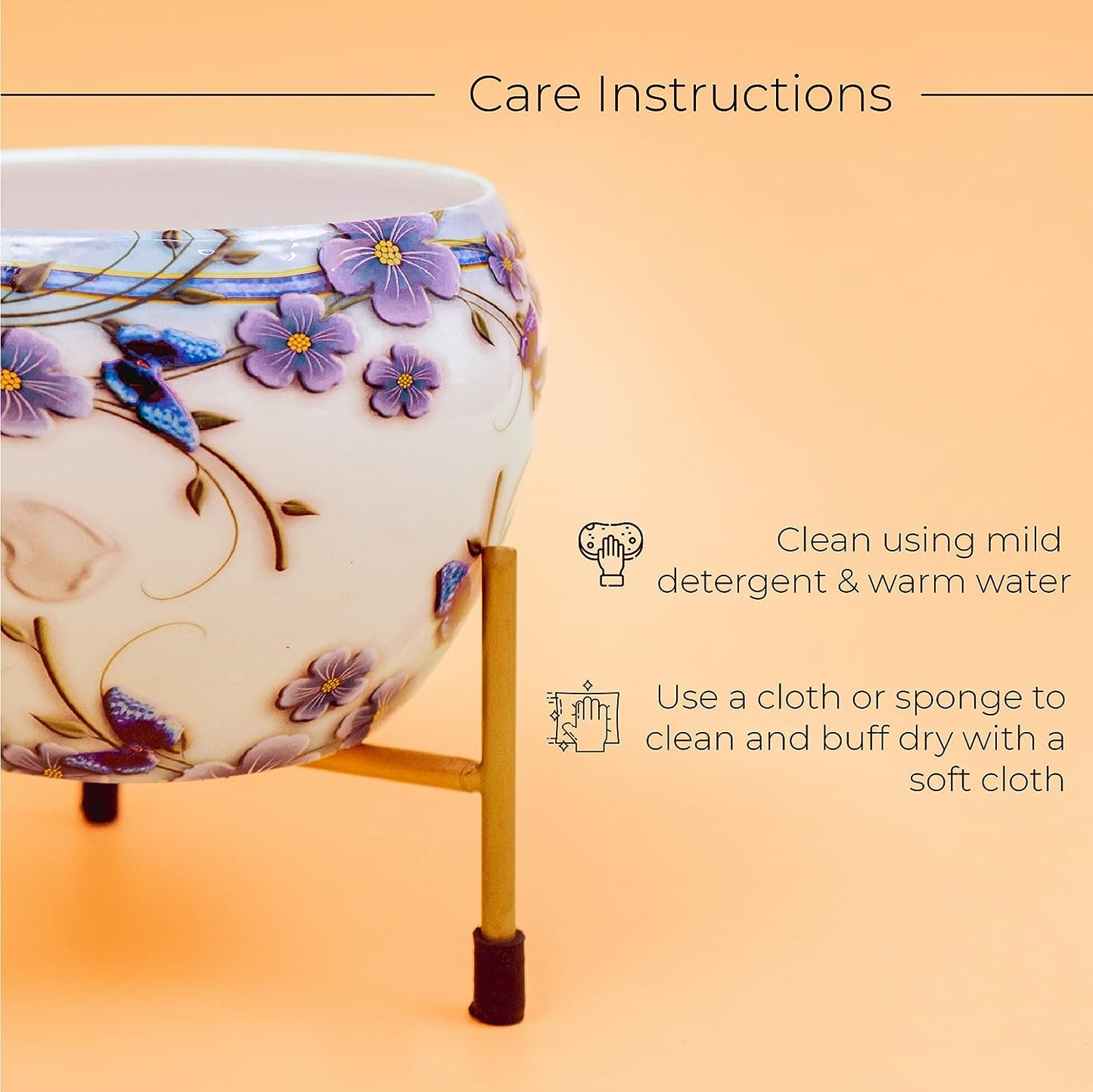 White & Blue Floral Metal Pot with Stand, Rust-Free Powder Coating