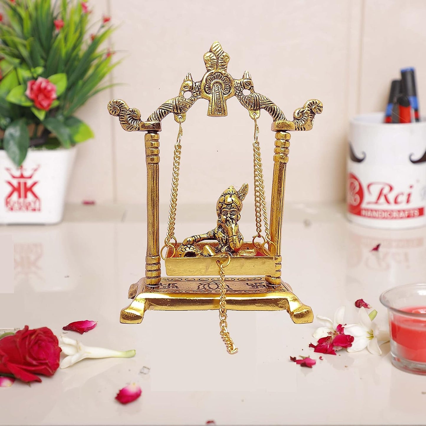 Laddu Gopal on Jhulla Palana Metal Statue Gold Plated Decor Your Home