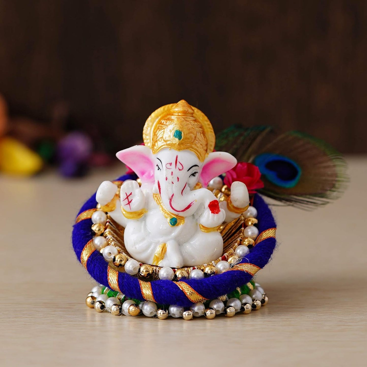 Polyresin Lord Ganesha Idol on Decorative Handcrafted Floral Plate