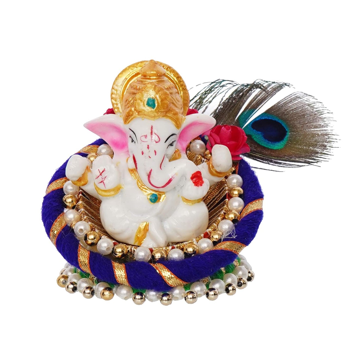 Polyresin Lord Ganesha Idol on Decorative Handcrafted Floral Plate